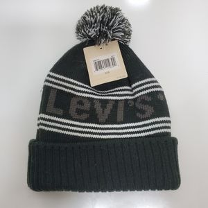 Levis Youth Stacks Beanie Black Grey White Pom
